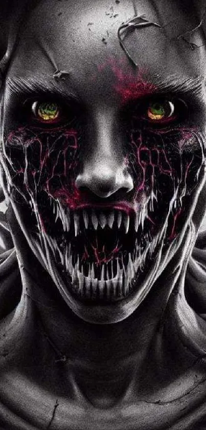 Dark horror creature with vivid red eyes and intricate design for phone wallpaper.