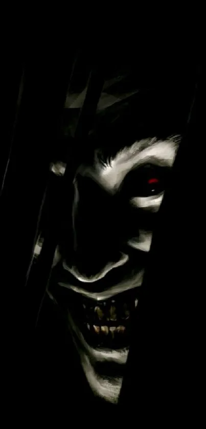 Creepy face in shadow with red eye on dark wallpaper, eerie and thrilling design.