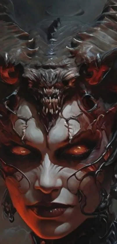 Dark fantasy art with demonic face and glowing red eyes.