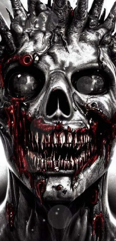 Dark horror skull art with spiky, terrifying features and ominous background.