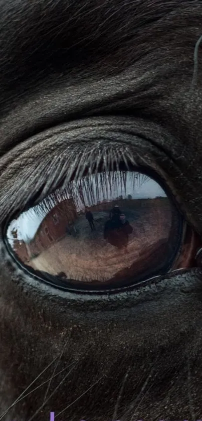 Close-up of a dark horse's eye reflecting scenery.