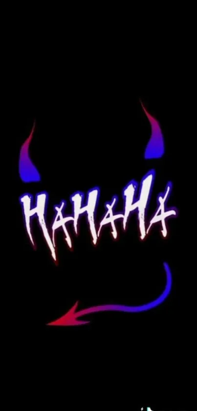 Dark wallpaper with 'HAHAHA' and devil horns in neon colors.