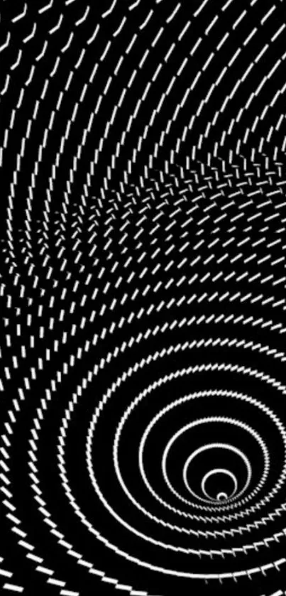 Mobile wallpaper with hypnotic spiral pattern in white on black background.