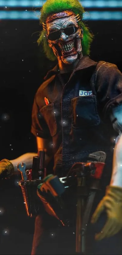 Dark industrial character with green hair.