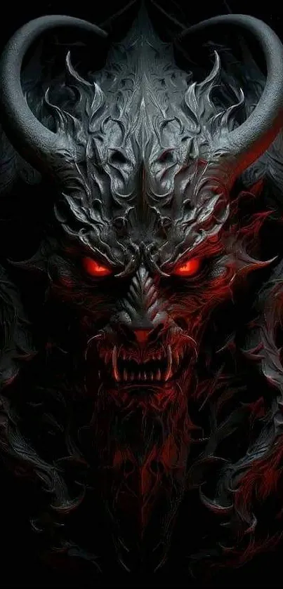 Dark demonic figure with fiery red eyes on a black background.