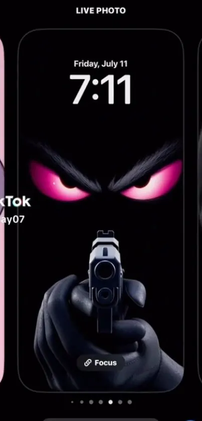 Intense dark wallpaper with eyes and gun focus.