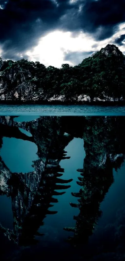 Mysterious island with eerie reflection in dark waters under a dramatic sky.