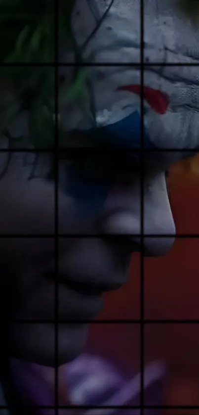 Dark jester face with painted features, grid effect, deep shadows.