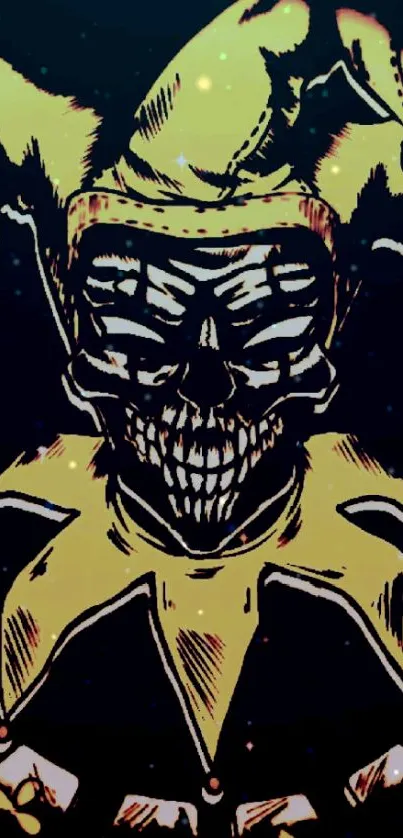 Dark jester skull wallpaper with yellow highlights.