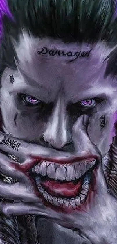 Joker-inspired art wallpaper with dark tones and purple highlights.