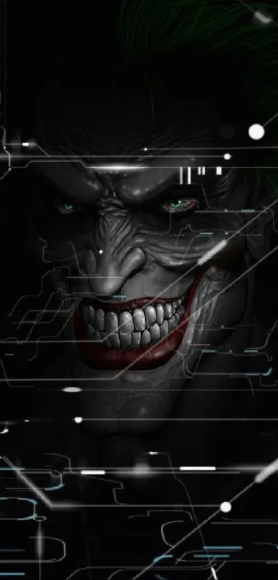 Dark Joker with green hair and iconic grin on a black background.