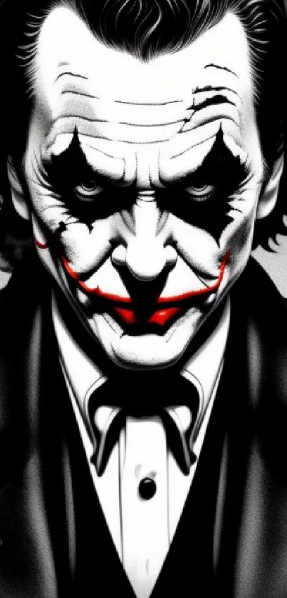 Striking black and white Joker art with red accents, perfect for mobile wallpaper.