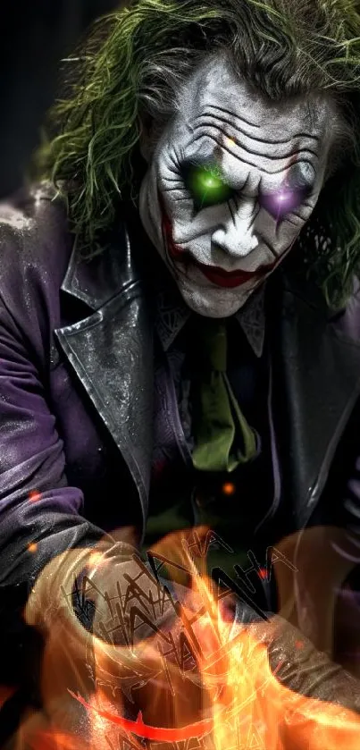 Artistic mobile wallpaper of the Joker in dark, vibrant colors.