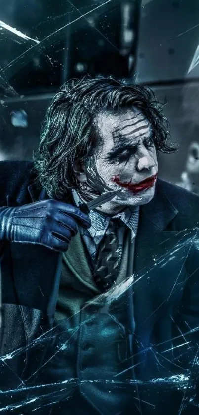 Joker-themed mobile wallpaper with dark, dramatic lighting and intense expression.