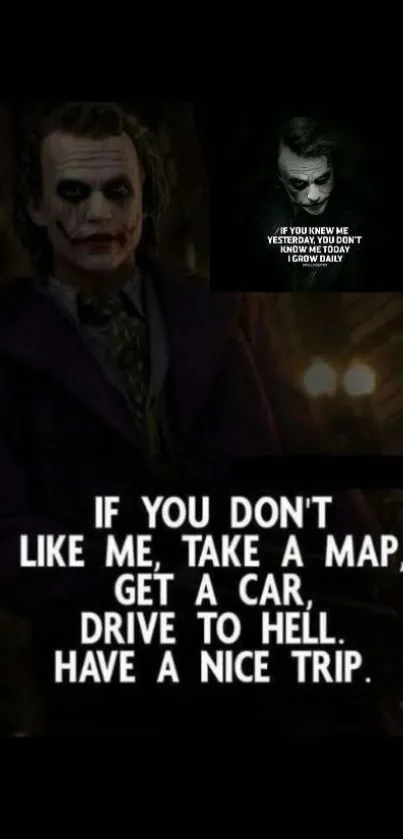 Mobile wallpaper featuring Joker with bold quote on a dark background.