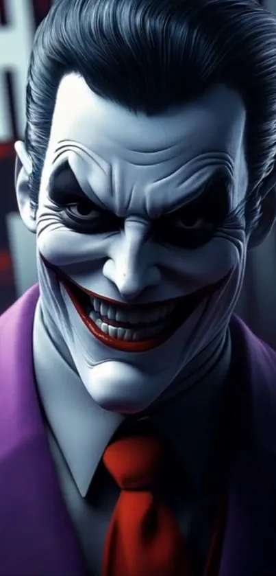 Dark and sinister Joker smiling portrait on wallpaper.