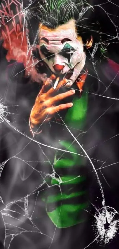 Joker smoking in green suit with dark background