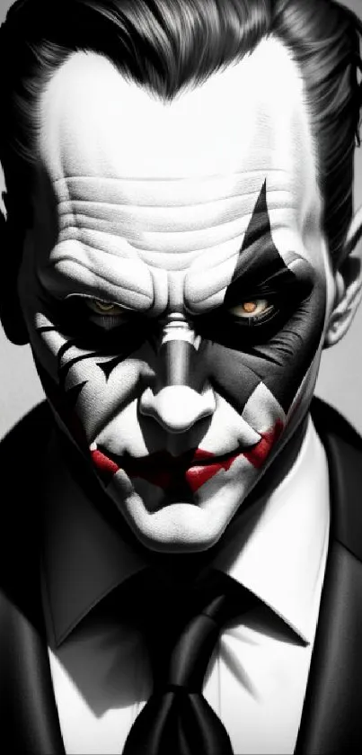 Dark joker styled portrait with intense makeup and suit.