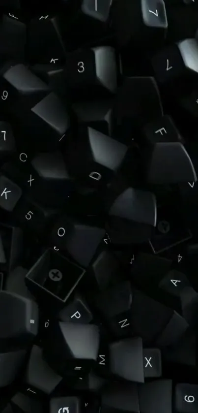 A dark-themed mobile wallpaper with scattered black keyboard keys.