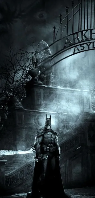 Dark Batman stands at Arkham Asylum gate in a moody, misty scene.