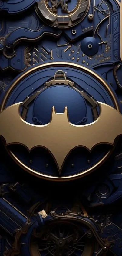 Batman emblem with mechanical details in dark hues.