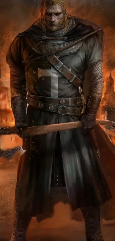 Dark knight in armor with fiery background, holding a weapon.