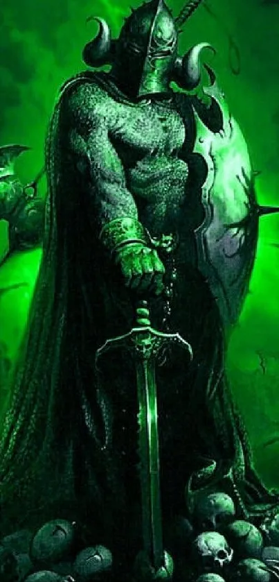 Dark knight stands with a sword and shield against a green backdrop.