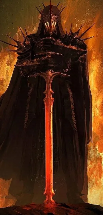 Epic dark knight with fiery sword amidst blazing flames.