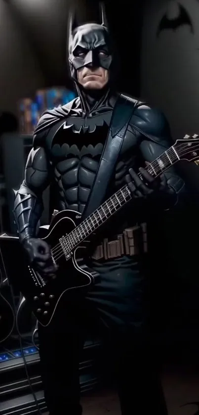 Batman playing an electric guitar in a dark room.