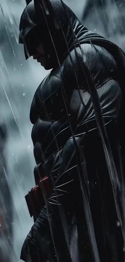 Dark Knight standing in rain with city backdrop.