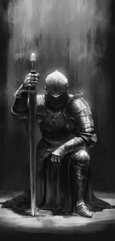 Black and white medieval knight image in dramatic lighting with sword.