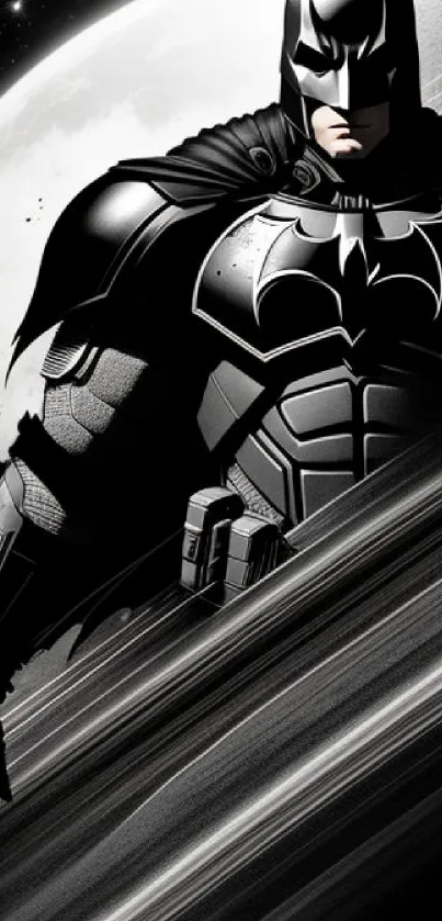 Dark Knight in monochrome over a moonlit background, perfect for mobile screens.