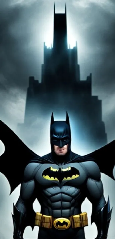 Superhero stands before city and full moon.