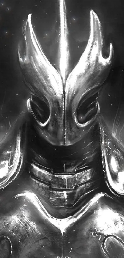 Black and white artwork of a dark knight in shining armor.