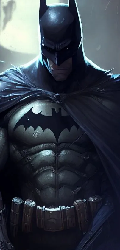 Dark Batman image with cape, ideal for mobile wallpaper.