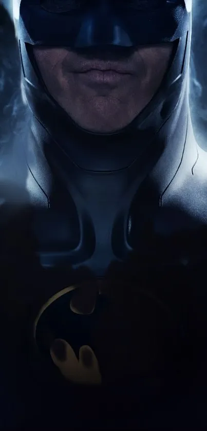 Dark Knight superhero in moody lighting.