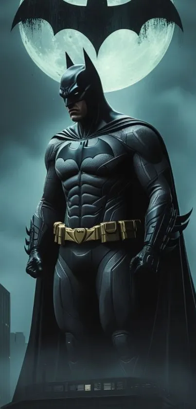 Dark Knight stands against a moonlit sky with a cityscape.