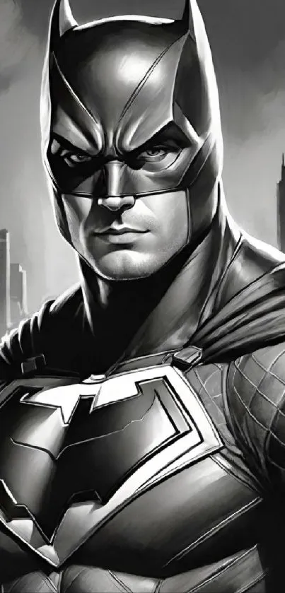 Black and white superhero artwork with a cityscape background, perfect for mobiles.