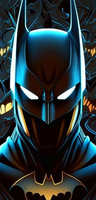 Neon style Dark Knight with glowing bats.