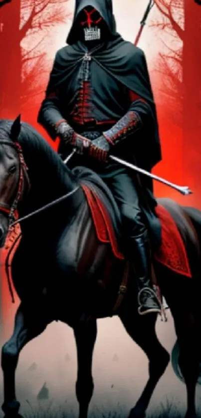 Dark knight on horseback with red forest background.