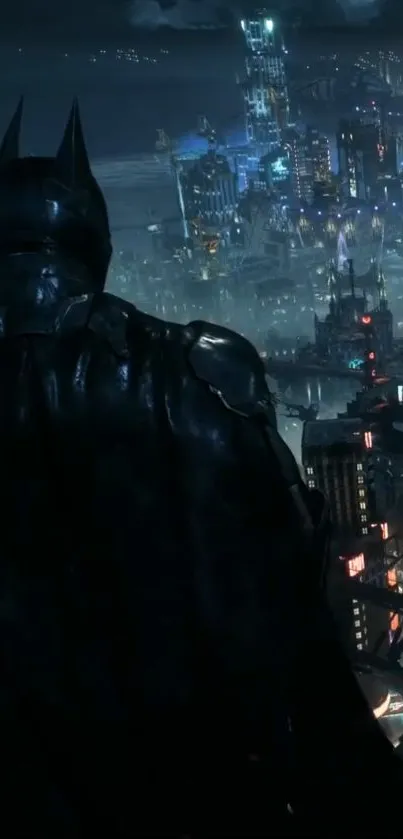 Batman overlooking cityscape at night, cloaked in shadows.