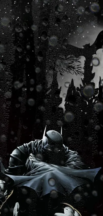 Dark themed superhero in the rain.