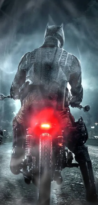 Mysterious figure on motorcycle with city night backdrop.