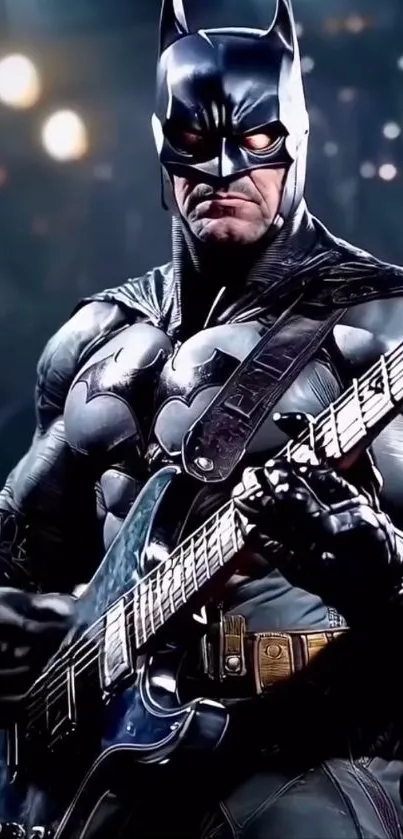 Superhero playing guitar in dynamic scene.