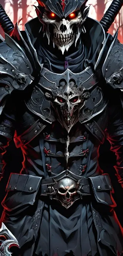 Dark knight in intricate skull armor, exuding gothic fantasy appeal.