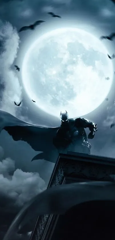 Dark Knight silhouetted against a full moon with flying bats.