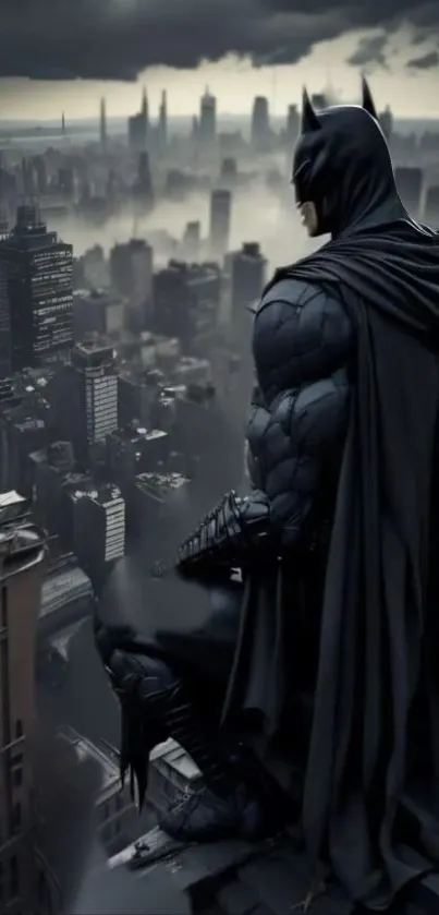 Batman overlooking gloomy cityscape at dusk.