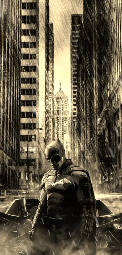 Dark knight stands in rainy urban street, sepia tone wallpaper.