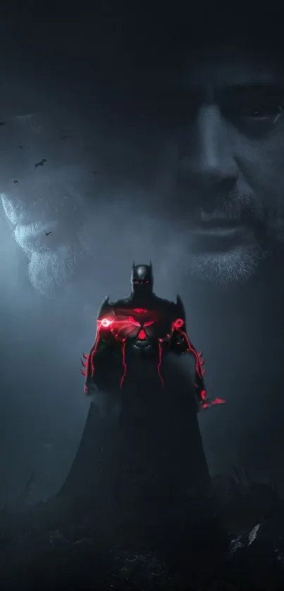 Dark knight with red glow under ominous face in foggy atmosphere.