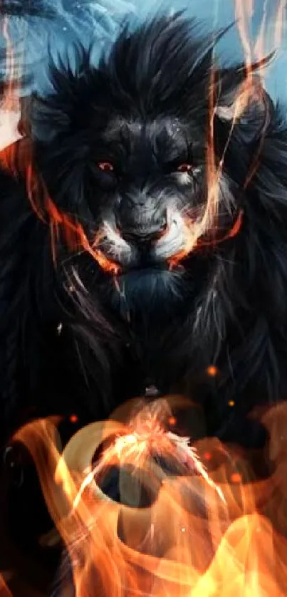 Dark lion fantasy wallpaper with fiery accents and deep blue tones.